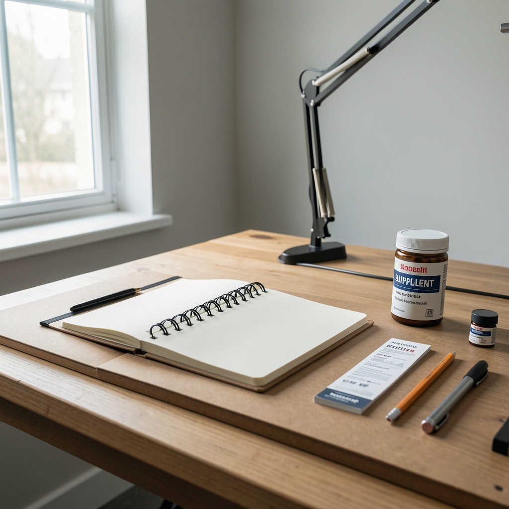 Editorial workspace with notebook, supplement containers and a glass of water in soft morning window light