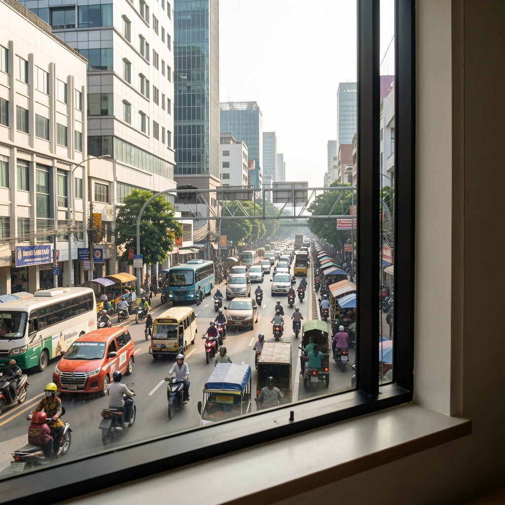 Jakarta street-level view from editorial office window in natural morning light, urban active lifestyle context