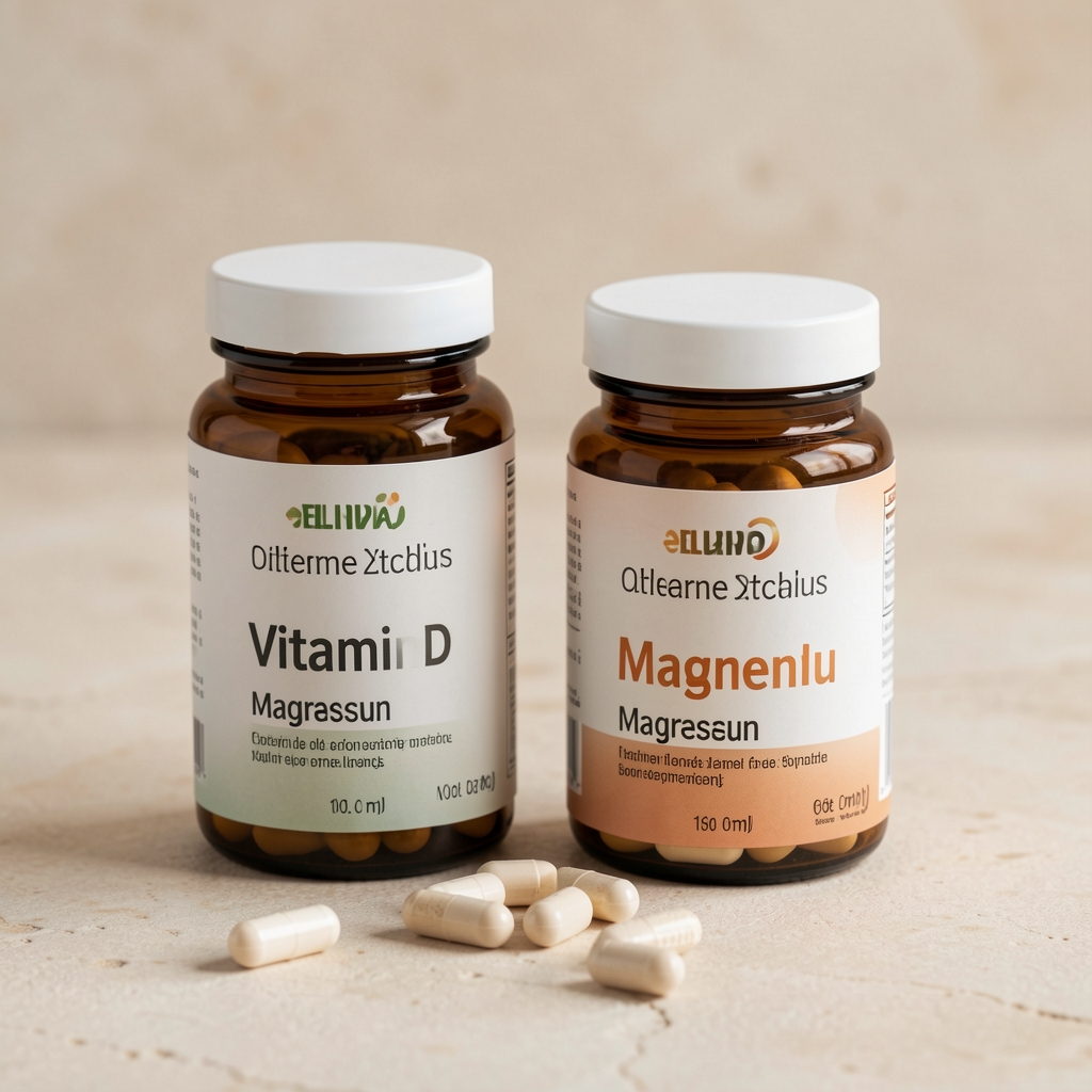 Close-up of vitamin D and magnesium supplement containers on a light stone surface, minimal editorial composition