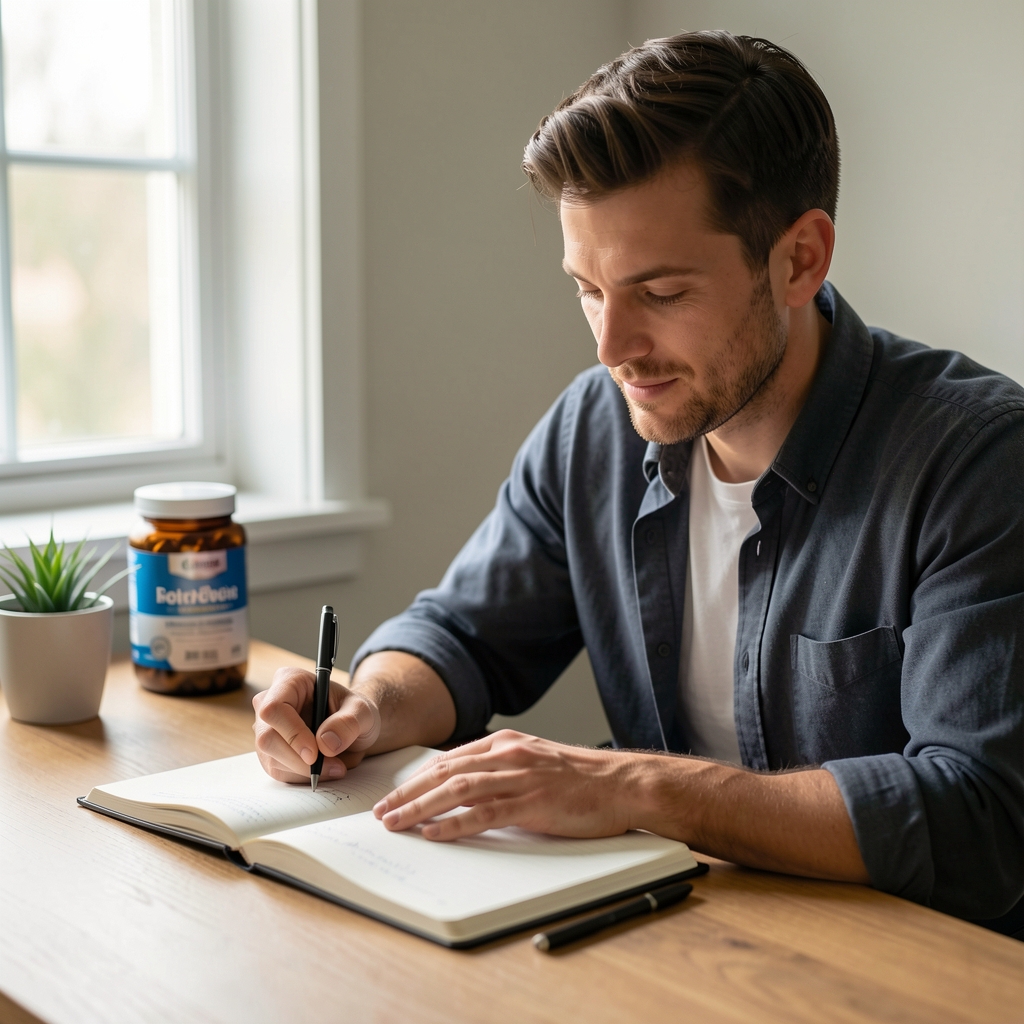 Man journalling at a desk in soft morning daylight, notebook open, pen in hand, supplement container visible in background