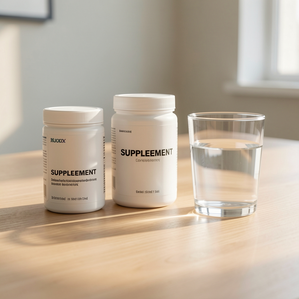 Close-up of vitamin D capsule containers and a glass of water arranged on a light wooden surface in morning light