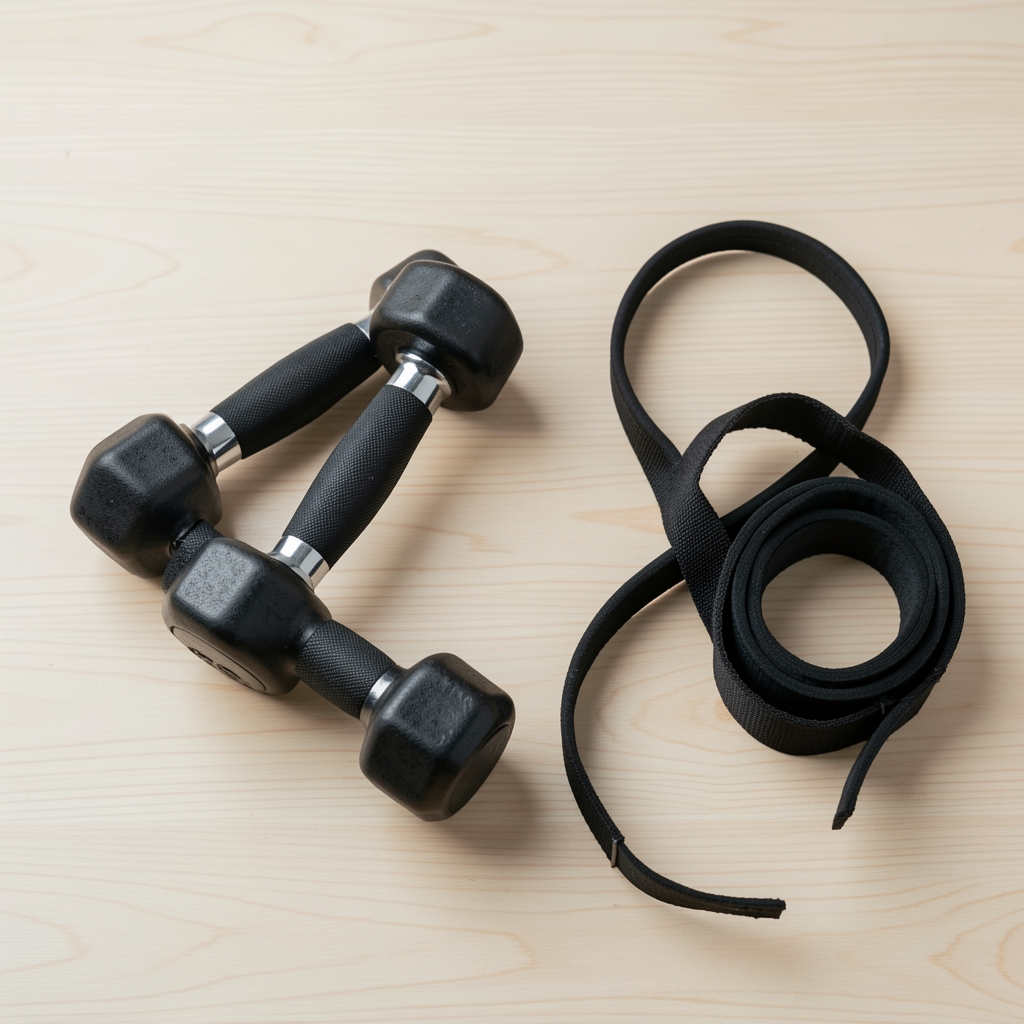 Weights and resistance band on a clean light wooden surface, editorial overhead composition