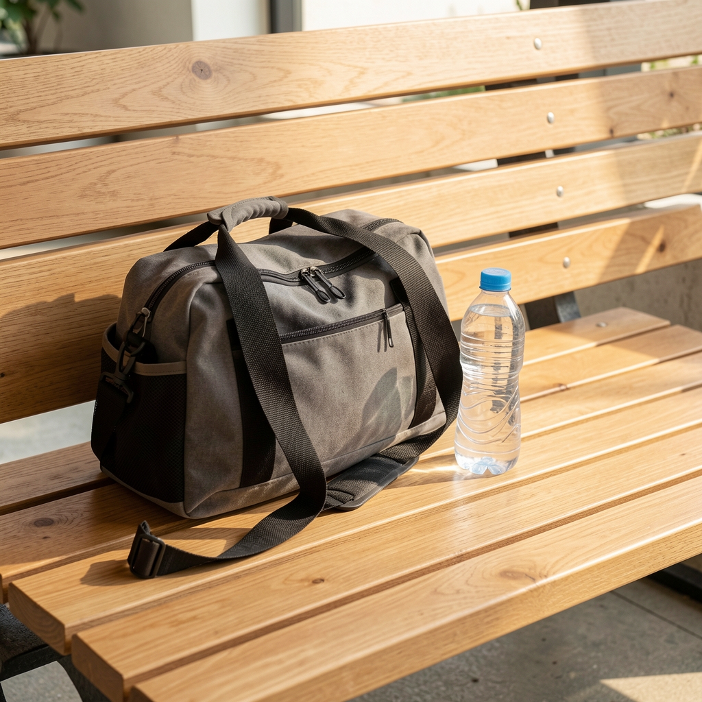 Gym bag and water bottle resting on a clean wooden bench, editorial flat lay in natural side light