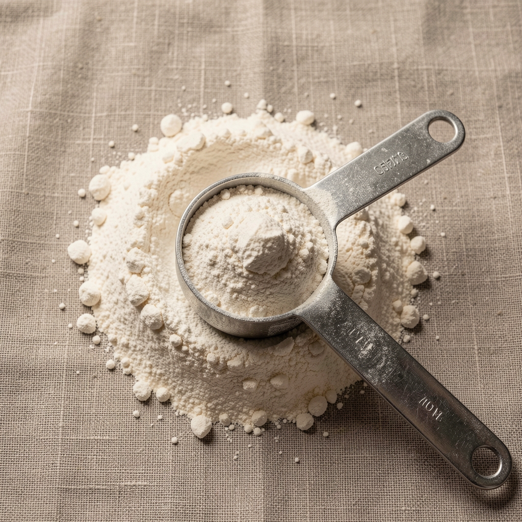 Protein powder container and measuring scoop on a neutral grey surface with soft overhead lighting