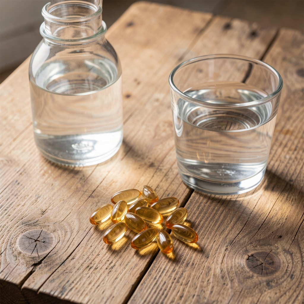 Fish oil supplement softgels arranged on a wooden surface alongside a glass of water, editorial flat lay composition with natural light