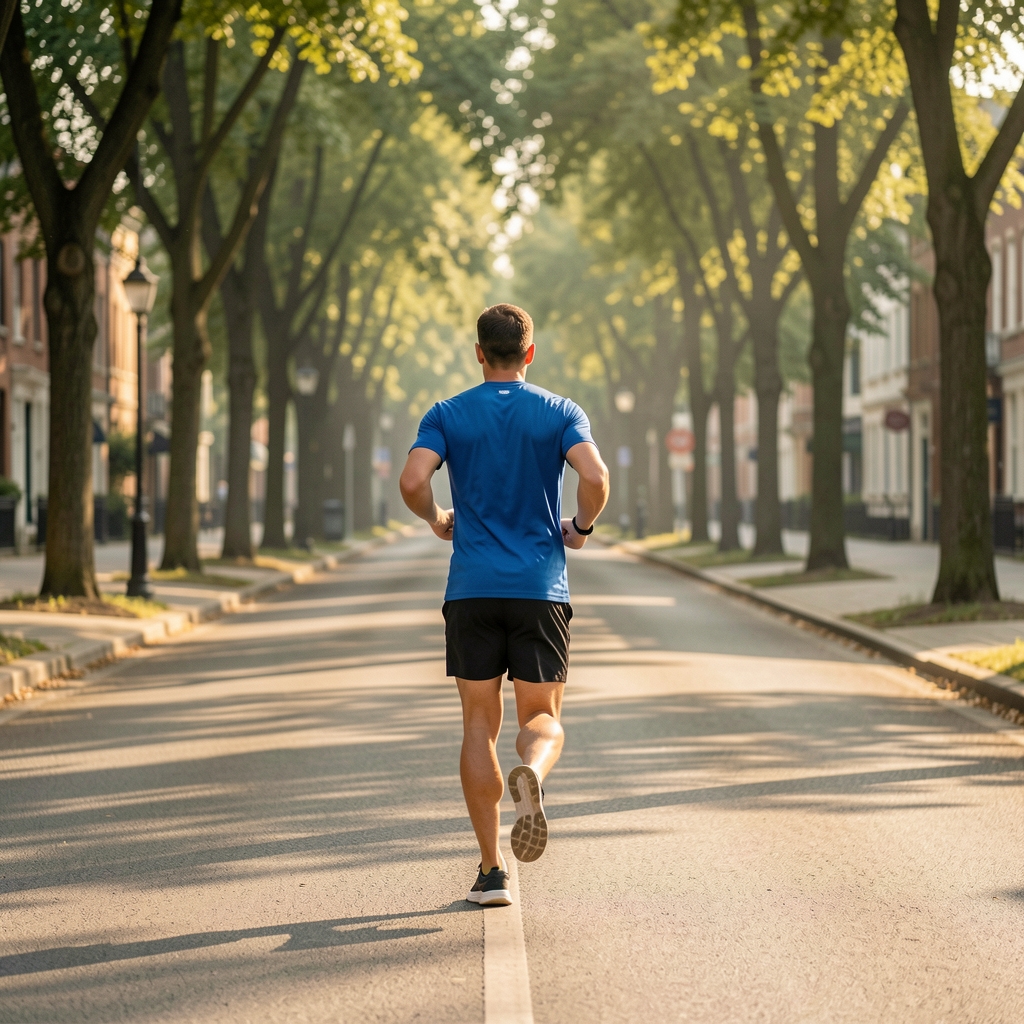 Morning run on an empty tree-lined street in early light, male figure in athletic clothing viewed from behind