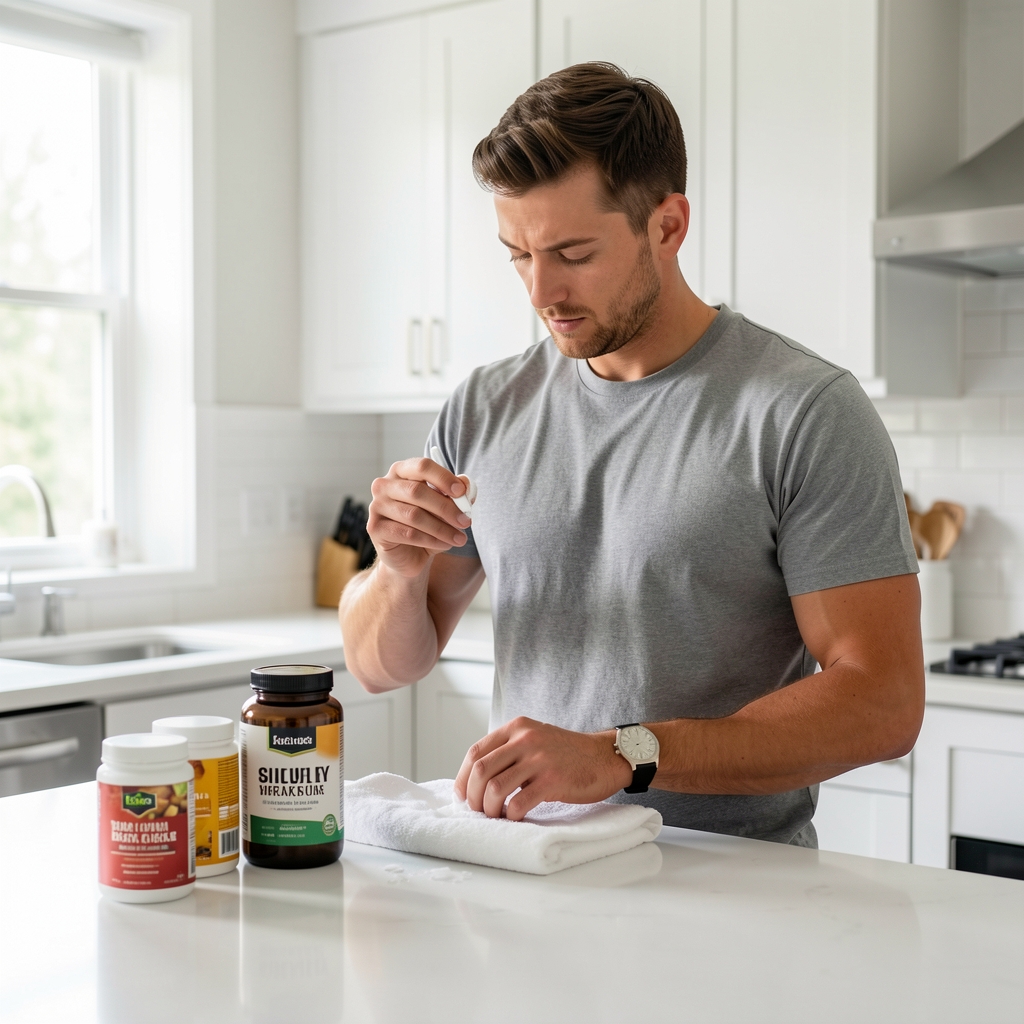 Omega-3 fish oil daily supplements in a small glass bowl on a linen cloth, editorial flat-lay composition