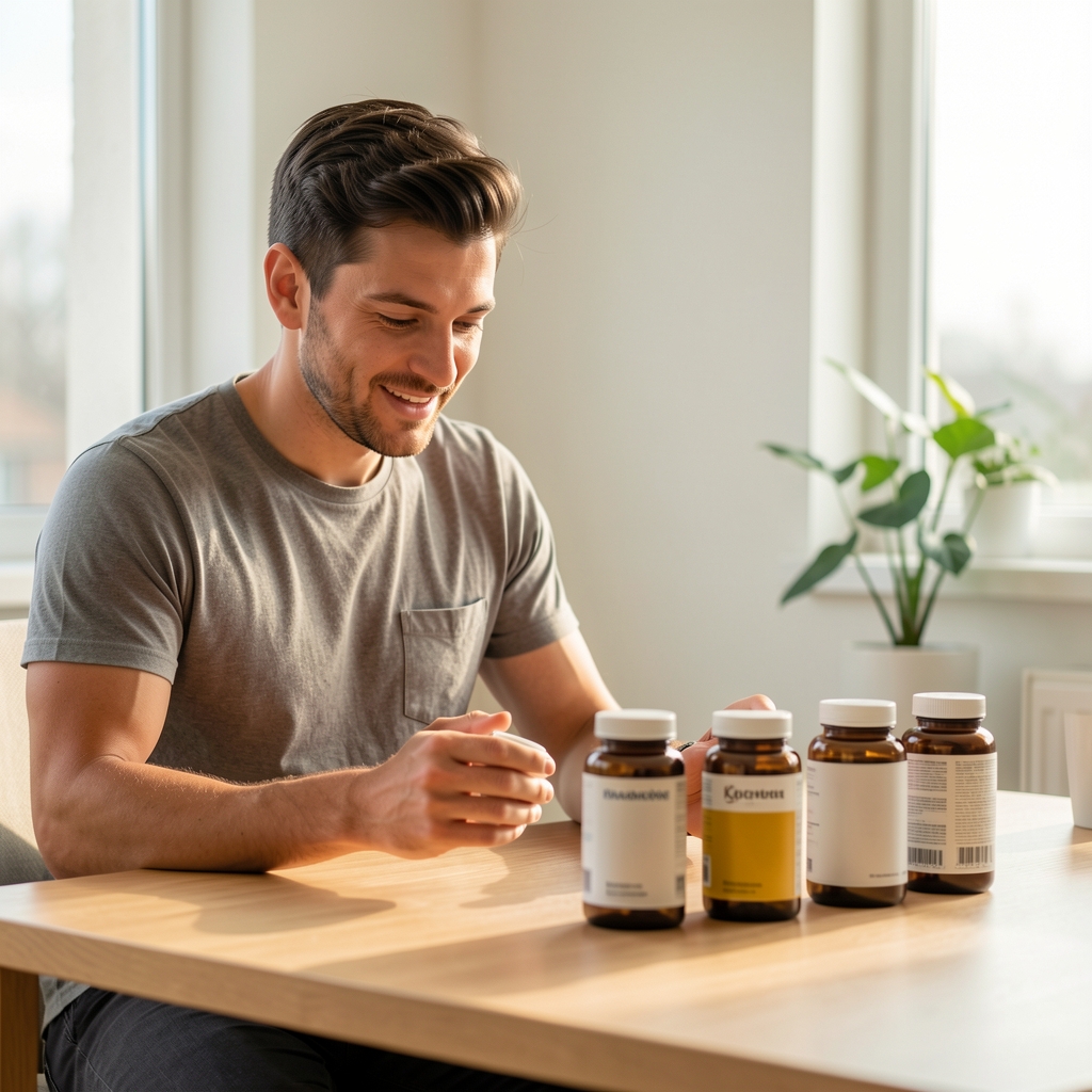 Active man reviewing supplement containers on a clean wooden desk in natural morning light